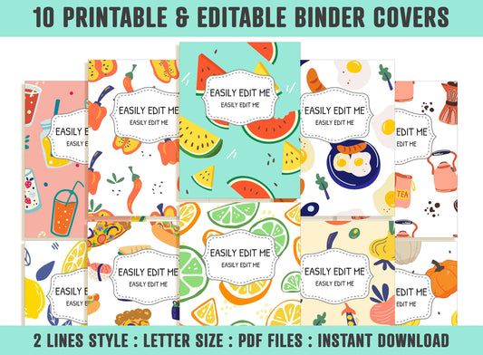 Food Binder Cover, 10 Printable/Editable Covers+Spines, Teacher/School Binder Template, Planner Cover Binder Insert Watermelon Lemon Orange