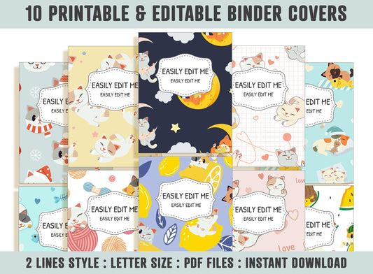 Cat Binder Cover, 10 Printable/Editable Covers+Spines, Teacher/School Binder Cover, Binder Template, Kitten Planner Cover, Binder Insert PDF