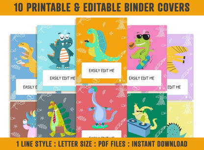 Dinosaur Binder Cover, 10 Printable & Editable Covers+Spines, Binder Insert, Planner Cover, Teacher/School Binder Cover Template, 8.5" x 11"