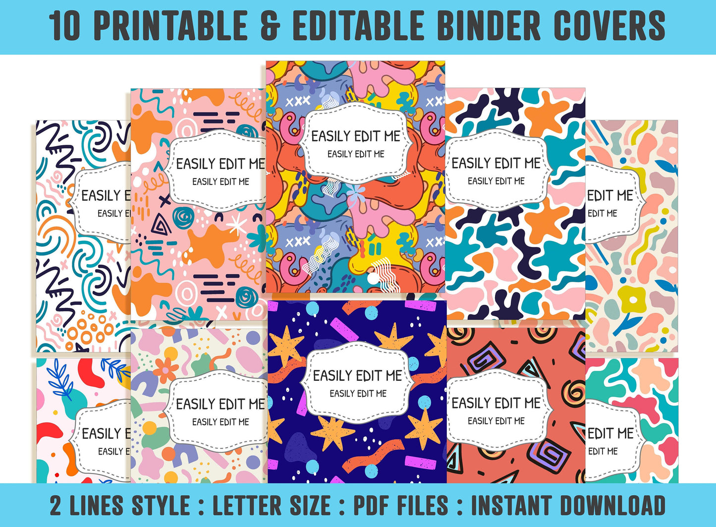 Abstract Binder Cover, 10 Printable & Editable Covers+Spines, Binder Insert, Planner Cover, Teacher Binder, School Binder Cover Template PDF
