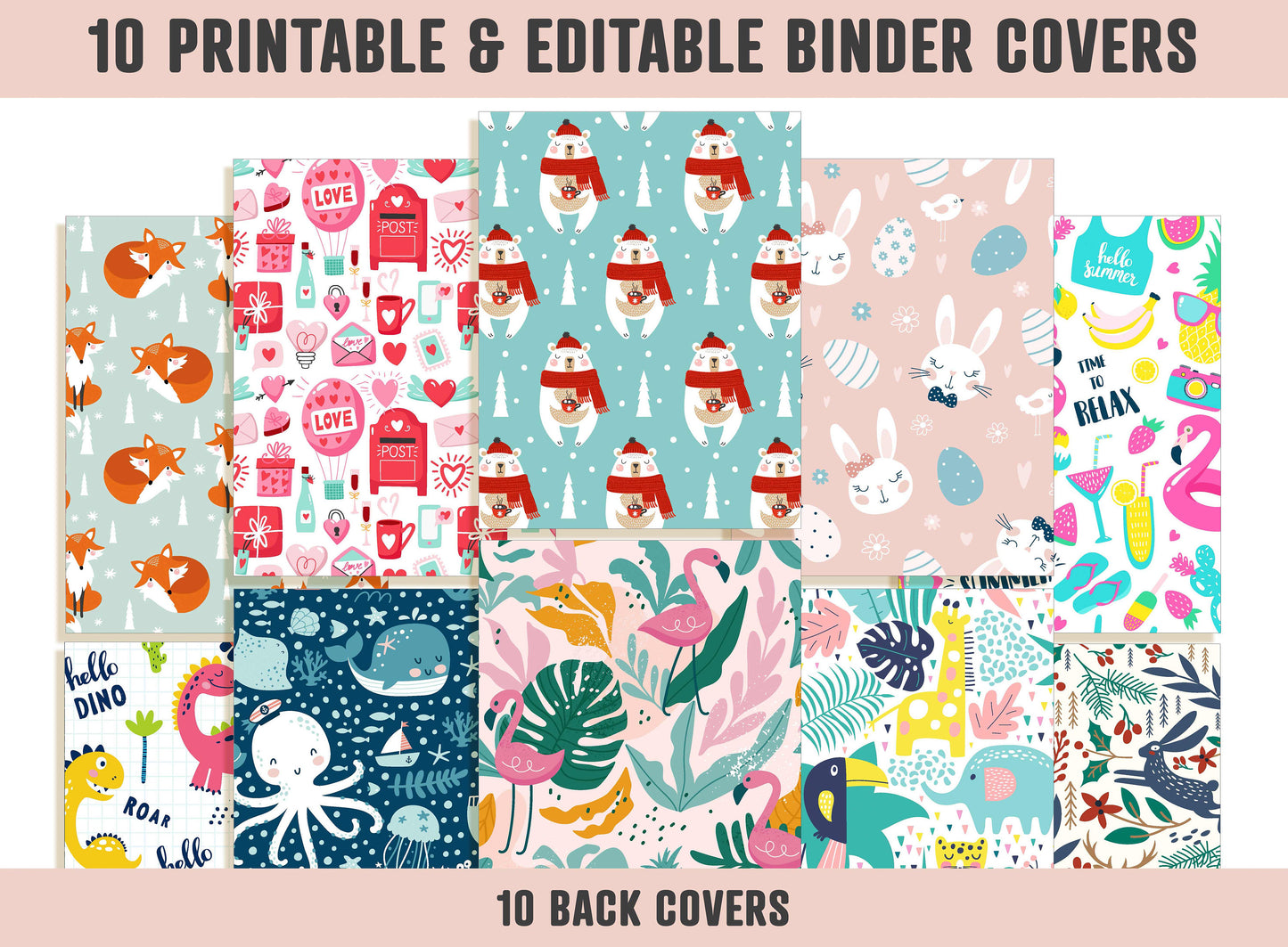 Binder Cover, 10 Printable & Editable Covers+Spines, Binder Insert, Planner Cover, Teacher/School Binder Cover Template, PDF, Folder Cover