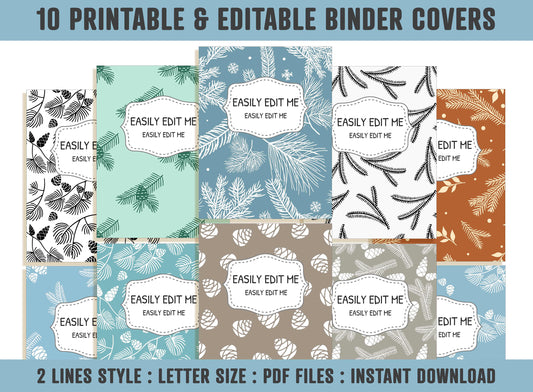 Binder Cover Printable Editable, 10 Covers+Spines, Binder Insert, Planner Cover, Teacher Binder, School Binder Cover, Fir/Pine Binder Covers