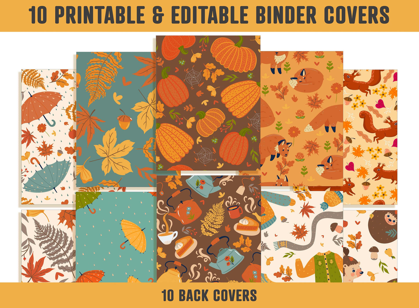 Fall Binder Cover, 10 Printable & Editable Covers+Spines, Autumn Binder Insert, Planner Cover Template, Teacher/School, Umbrella/Leaves, PDF