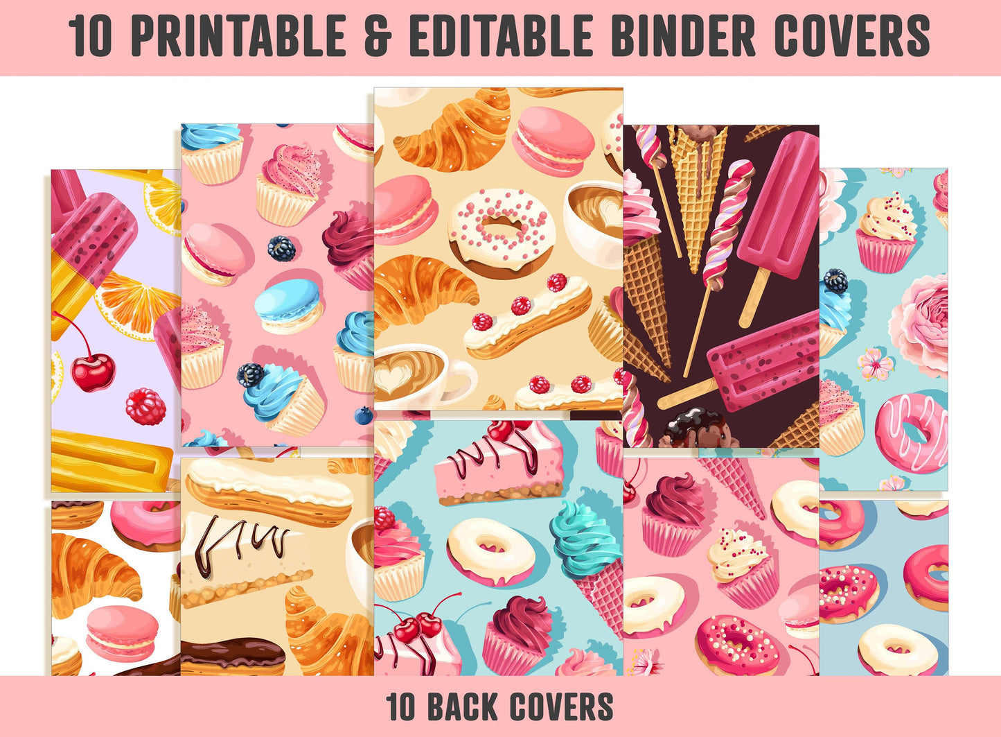 Food Binder Cover, 10 Printable & Editable Binder Covers+Spines, Teacher/School Binder, Planner Cover Template, Binder Insert, Croissant PDF
