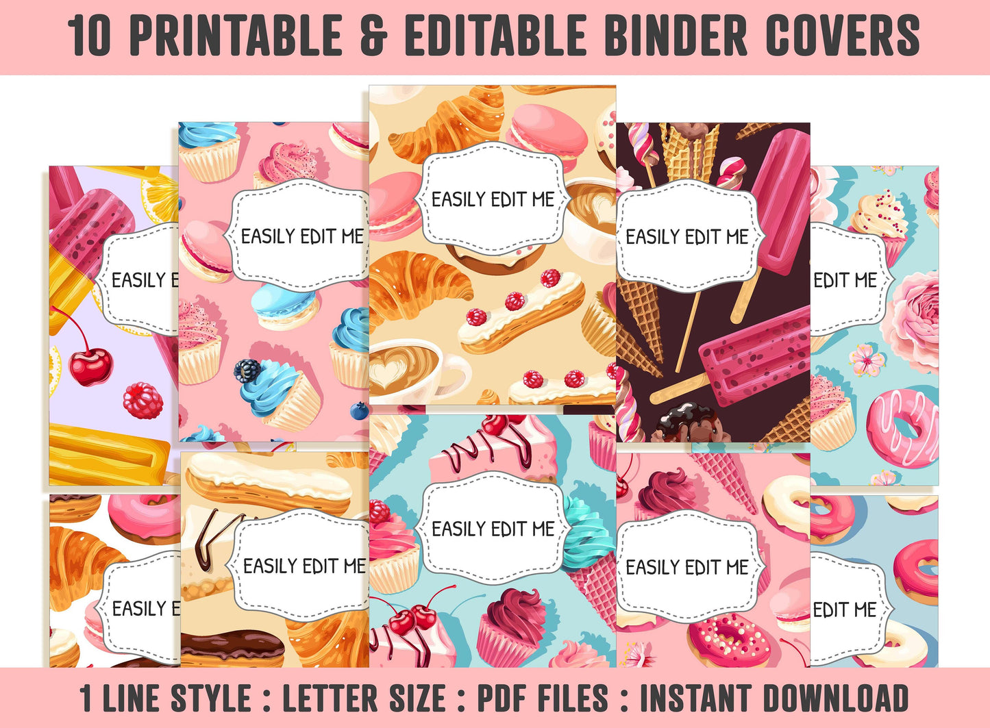 Food Binder Cover, 10 Printable & Editable Binder Covers+Spines, Teacher/School Binder, Planner Cover Template, Binder Insert, Croissant PDF