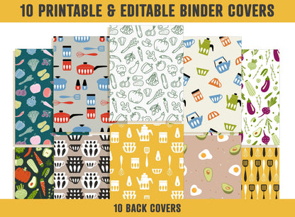 Cooking Binder Cover, 10 Printable/Editable Covers+Spines, Binder Insert, Planner Cover, Kitchen, Vegetables, Tea/Coffee Pot, Cookware, Herb