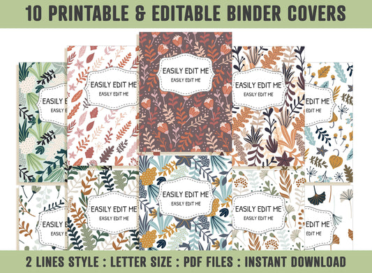 Floral Binder Cover, 10 Printable/Editable Covers+Spines, Binder Insert, Planner Cover, Teacher/School Binder Template, Leaves, Flower, PDF