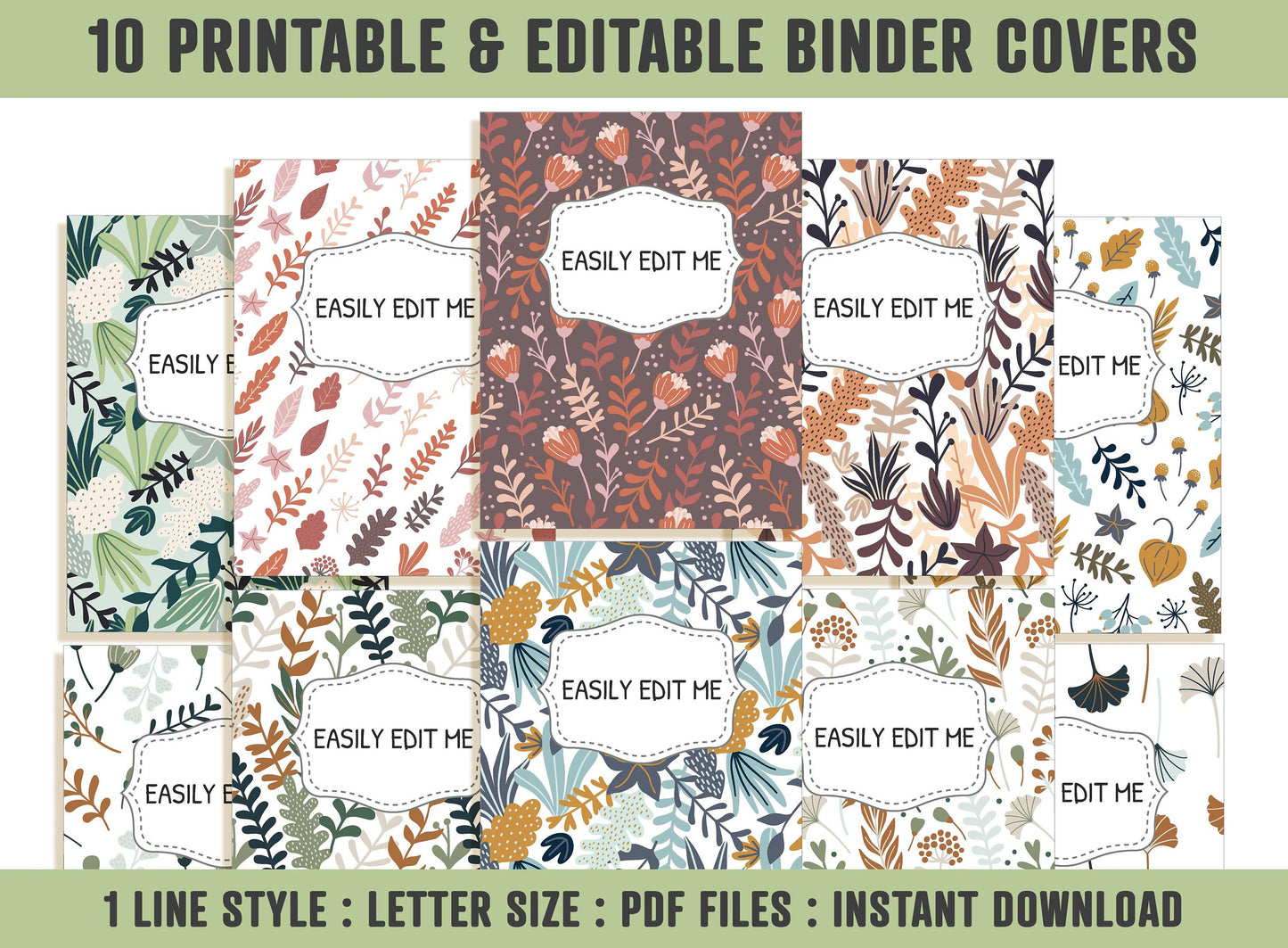 Floral Binder Cover, 10 Printable/Editable Covers+Spines, Binder Insert, Planner Cover, Teacher/School Binder Template, Leaves, Flower, PDF