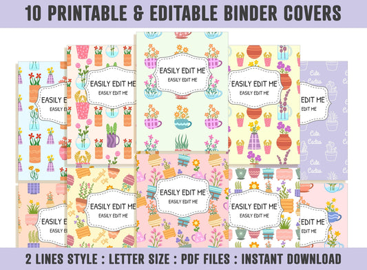 Flower Binder Cover, 10 Printable/Editable Covers+Spines, Binder Insert, Planner Cover, Teacher/School Binder Template, Floral, Cactus, PDF