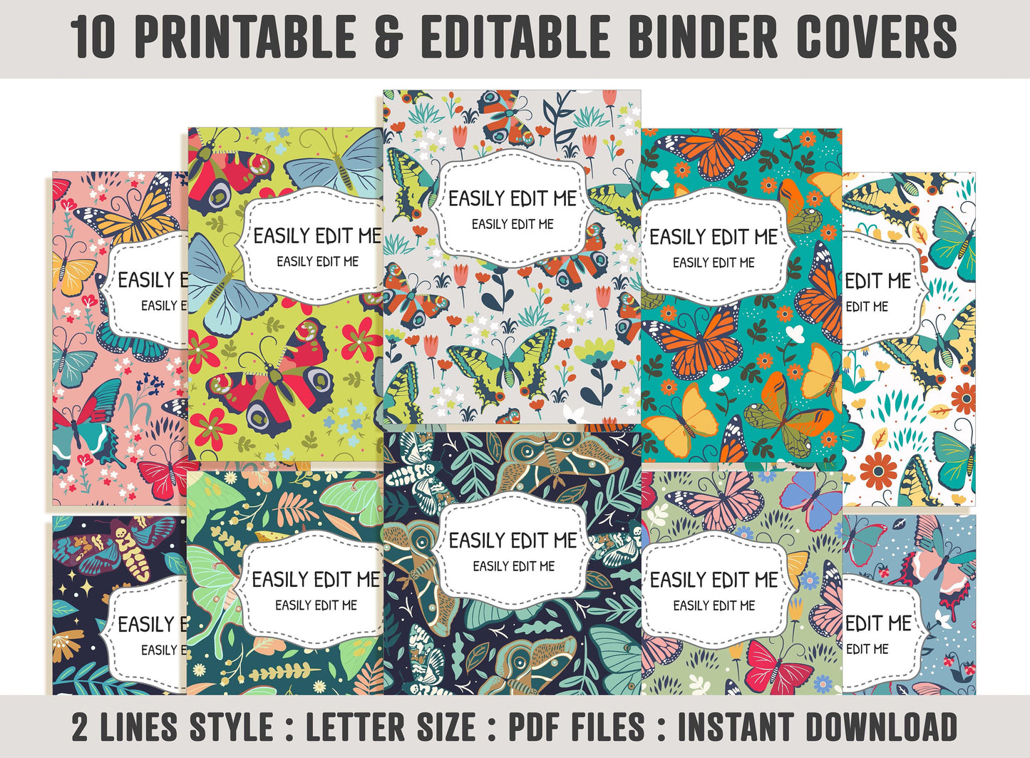 Butterfly Binder Cover, 10 Printable Editable Covers+Spines, Binder Insert, Planner Cover, Teacher/School Binder Cover, Floral/Flower/Leaf