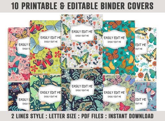 Butterfly Binder Cover, 10 Printable Editable Covers+Spines, Binder Insert, Planner Cover, Teacher/School Binder Cover, Floral/Flower/Leaf