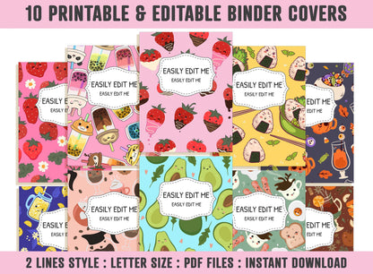 Food Binder Cover, 10 Printable & Editable Covers+Spines Binder Insert Planner Cover Teacher/School Binder Template Cute Kawaii Food/Dessert