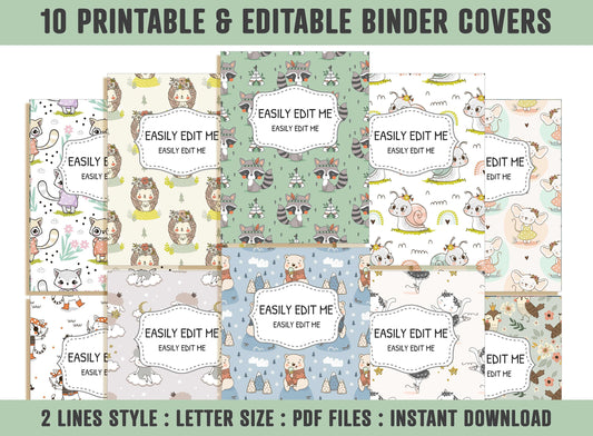 Animal Binder Cover, 10 Printable & Editable Covers+Spines, Binder Insert, Planner Cover, Teacher/School Binder Template, Bear Mouse Cat Owl