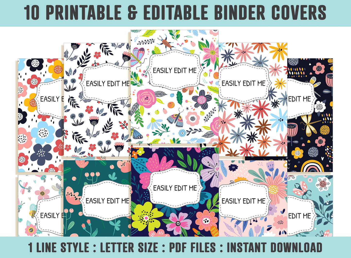 Binder Cover and Spine, 10 Printable/Editable Covers + Spines Binder Insert Planner Cover Teacher/School Binder Cover Template Floral/Flower