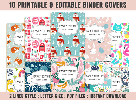 Binder Cover, 10 Printable & Editable Covers+Spines, Binder Insert, Planner Cover, Teacher/School Binder Cover Template, PDF, Folder Cover