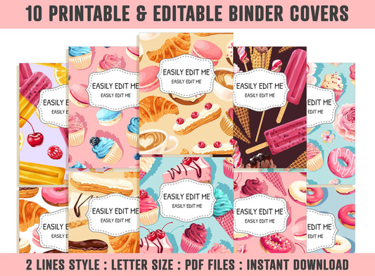 Food Binder Cover, 10 Printable & Editable Binder Covers+Spines, Teacher/School Binder, Planner Cover Template, Binder Insert, Croissant PDF