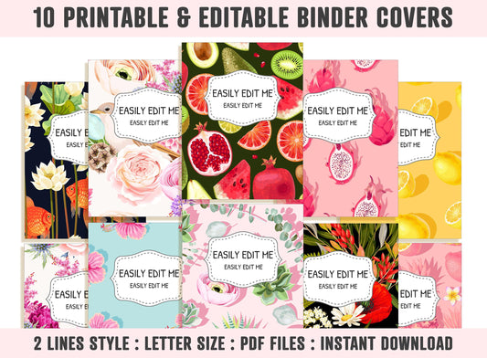 Fruit and Floral Binder Cover, 10 Printable & Editable Binder Covers+Spines, Teacher/School Binder, Planner Cover Template, Binder Inserts