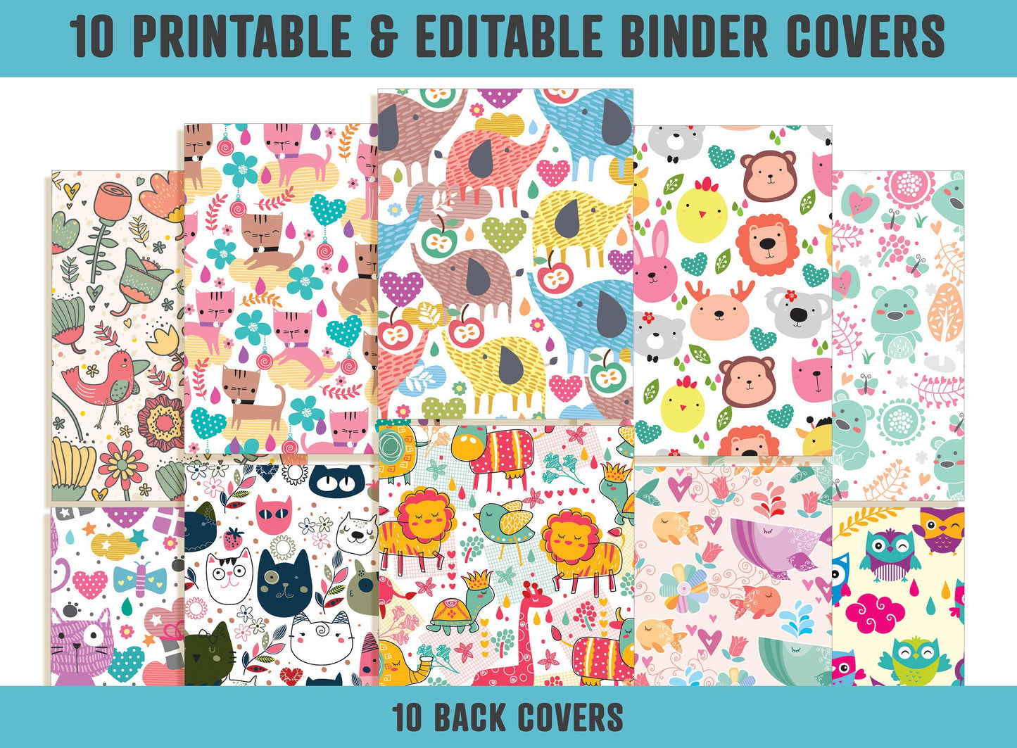 Animal Planner Covers, 10 Editable Binder Covers and Spines, Binder Cover Printable, Teacher/School Binder Template, Binder Insert, Owl, Cat