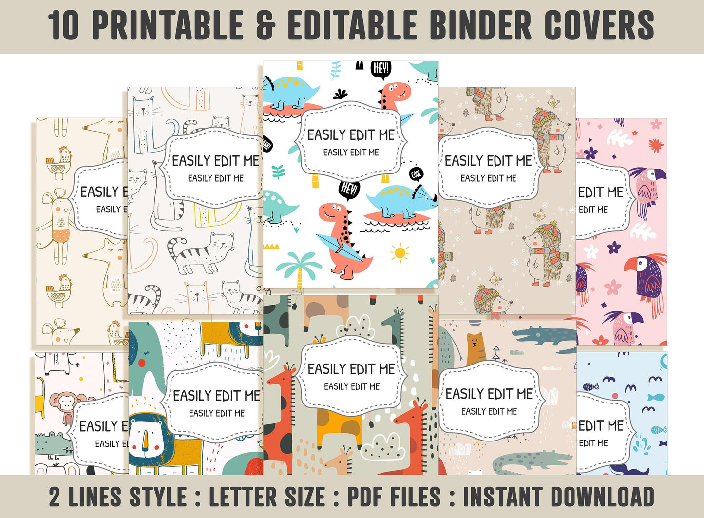 Animal Binder Covers, 10 Printable/Editable Binder Covers & Spines, Teacher/School Binder, Planner Template, Binder Inserts Dinosaur Giraffe