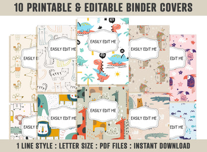 Animal Binder Covers, 10 Printable/Editable Binder Covers & Spines, Teacher/School Binder, Planner Template, Binder Inserts Dinosaur Giraffe
