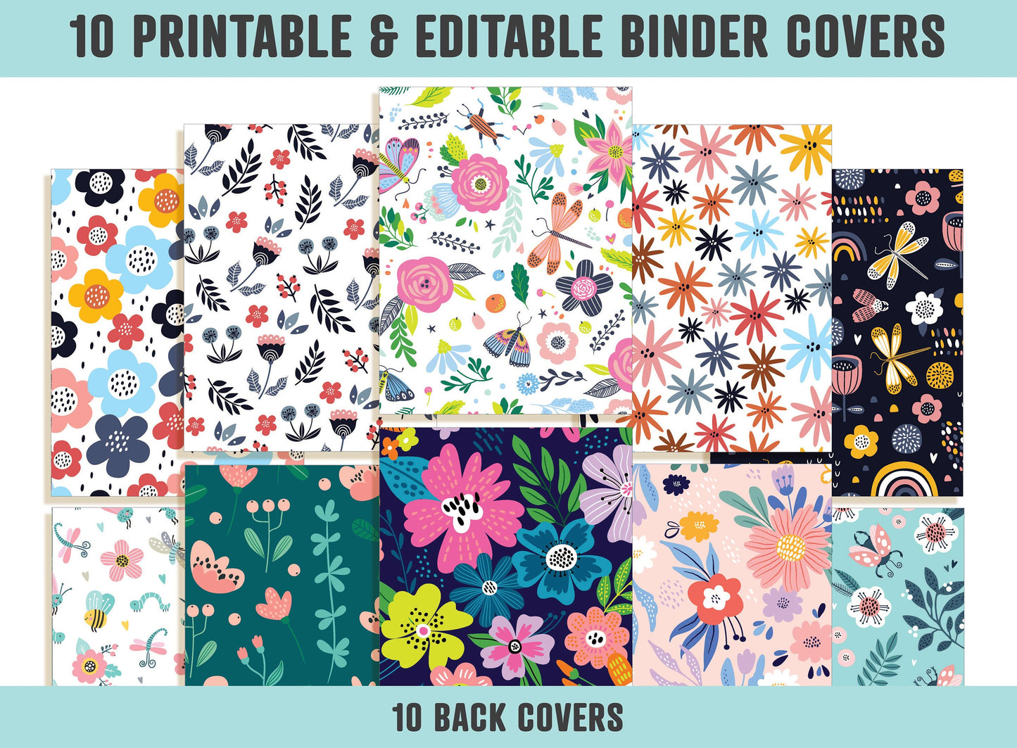 Binder Cover and Spine, 10 Printable/Editable Covers + Spines Binder Insert Planner Cover Teacher/School Binder Cover Template Floral/Flower