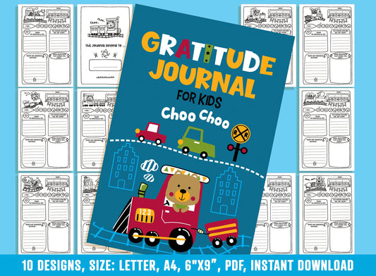 Gratitude Journal for Kids - Choo Choo, Daily Journal Prompts, 10 Designs, Size: Letter 8.5"x11", A4, 6"x9", Printable PDF, Boys/Girls
