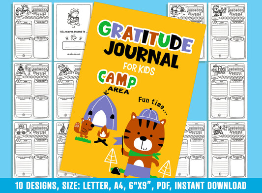 Gratitude Journal for Kids - Camp Area, Daily Journal Prompts, 10 Designs, Size: Letter 8.5"x11", A4, 6"x9", Printable PDF, Boys/Girls