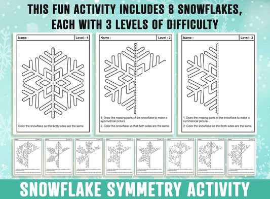 Snowflake Symmetry Worksheet, Snowflake Theme Lines of Symmetry Activity, 24 Pages, Includes 8 Snowflakes, Each With 3 Levels of Difficulty.