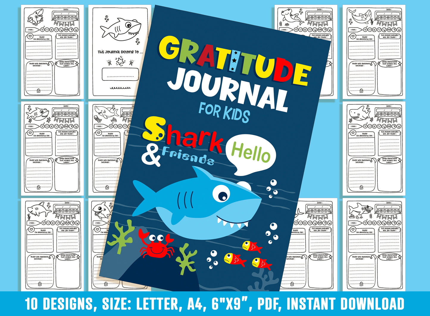 Gratitude Journal for Kids - Shark & Friends, Daily Journal Prompts, 10 Designs, Size: Letter 8.5"x11", A4, 6"x9", Printable PDF, Boys/Girls
