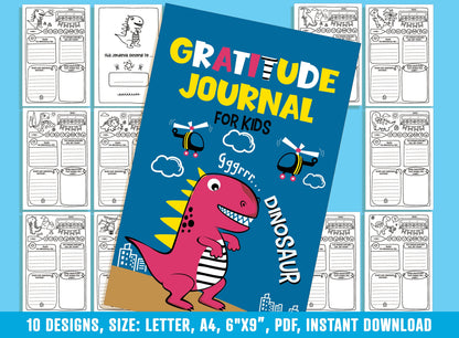 Gratitude Journal for Kids - gggrrr Dinosaur, Daily Journal Prompts, 10 Designs, Size: Letter 8.5"x11", A4, 6"x9", Printable PDF, Boys/Girls