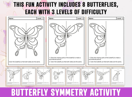 Butterfly Symmetry Worksheet, Butterfly Theme Lines of Symmetry Activity, 24 Pages, Includes 8 Butterflies, Each With 3 Levels of Difficulty