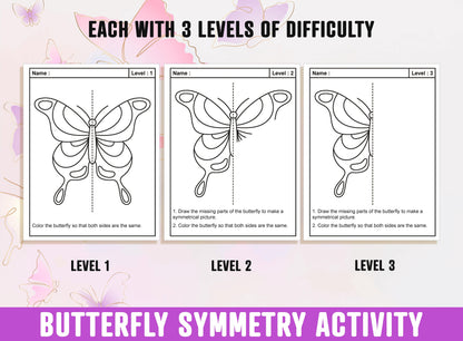 Butterfly Symmetry Worksheet, Butterfly Theme Lines of Symmetry Activity, 24 Pages, Includes 8 Butterflies, Each With 3 Levels of Difficulty