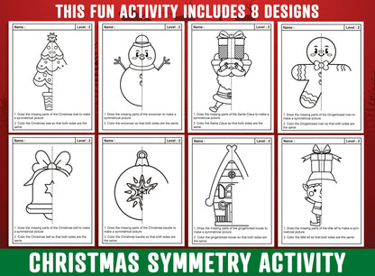 Christmas Symmetry Worksheet, Christmas Theme Lines of Symmetry Activity, 24 Pages, Includes 8 Designs, Each With 3 Levels of Difficulty
