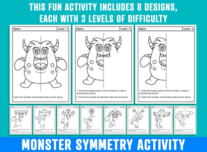 Monster Symmetry Worksheet, Monster Theme Lines of Symmetry Activity, 24 Pages, Includes 8 Designs, Each With 3 Levels of Difficulty