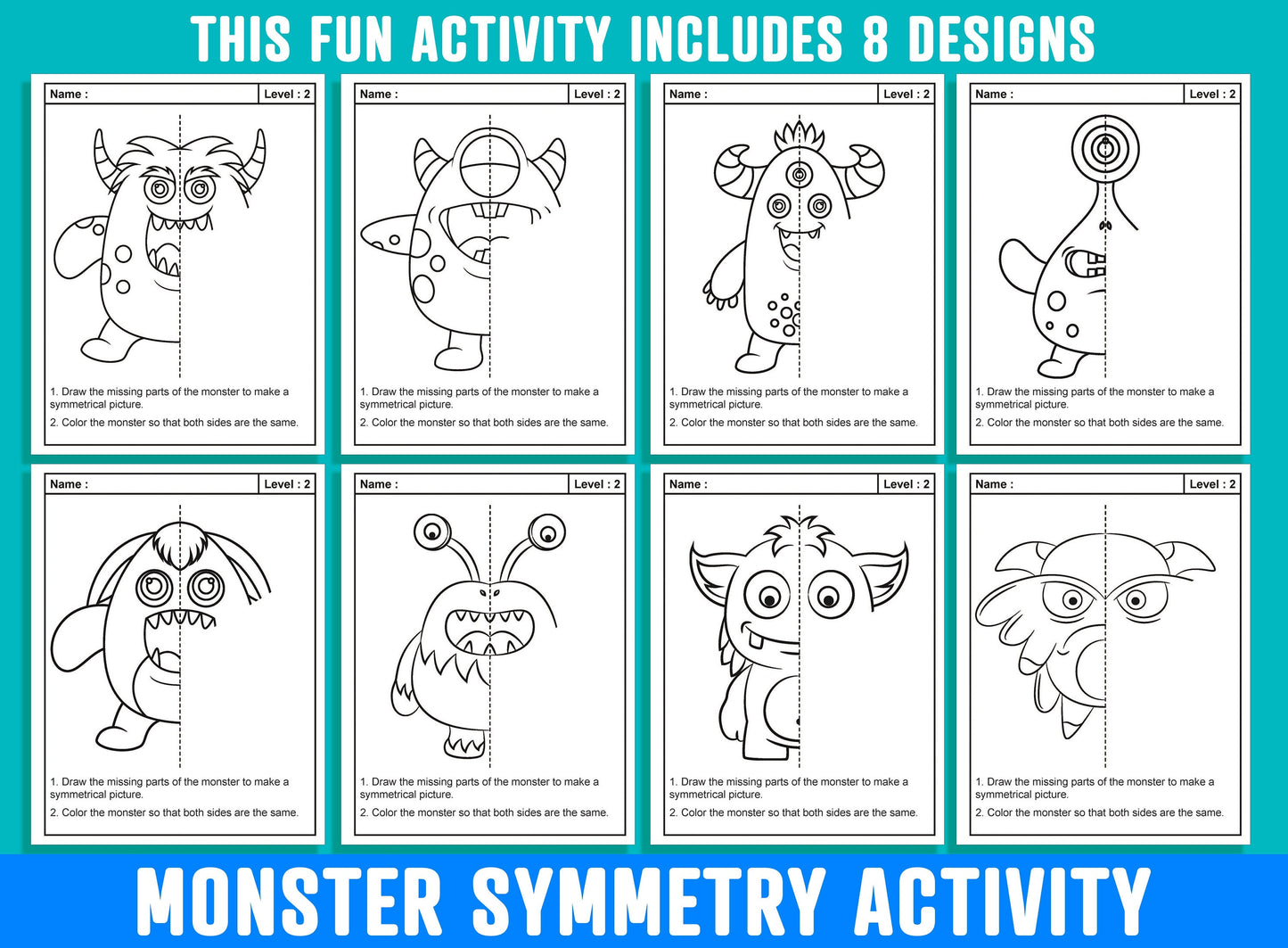 Monster Symmetry Worksheet, Monster Theme Lines of Symmetry Activity, 24 Pages, Includes 8 Designs, Each With 3 Levels of Difficulty