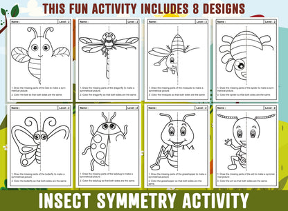 Insect Symmetry Worksheet, Insect Theme Lines of Symmetry Activity, 24 Pages, Includes 8 Designs, Each With 3 Levels of Difficulty