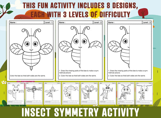 Insect Symmetry Worksheet, Insect Theme Lines of Symmetry Activity, 24 Pages, Includes 8 Designs, Each With 3 Levels of Difficulty