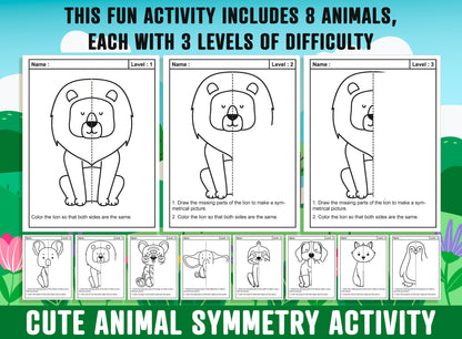Cute Animal Symmetry Worksheet, Cute Animal Theme Lines of Symmetry Activity, 24 Pages, Includes 8 Designs, Each With 3 Levels of Difficulty