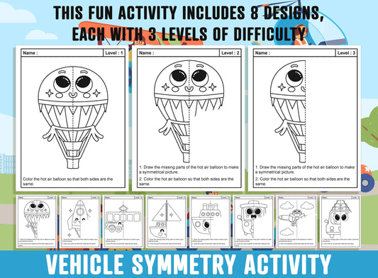 Vehicle Symmetry Worksheet, Transportation Theme Lines of Symmetry Activity, 24 Pages, Includes 8 Designs, Each With 3 Levels of Difficulty