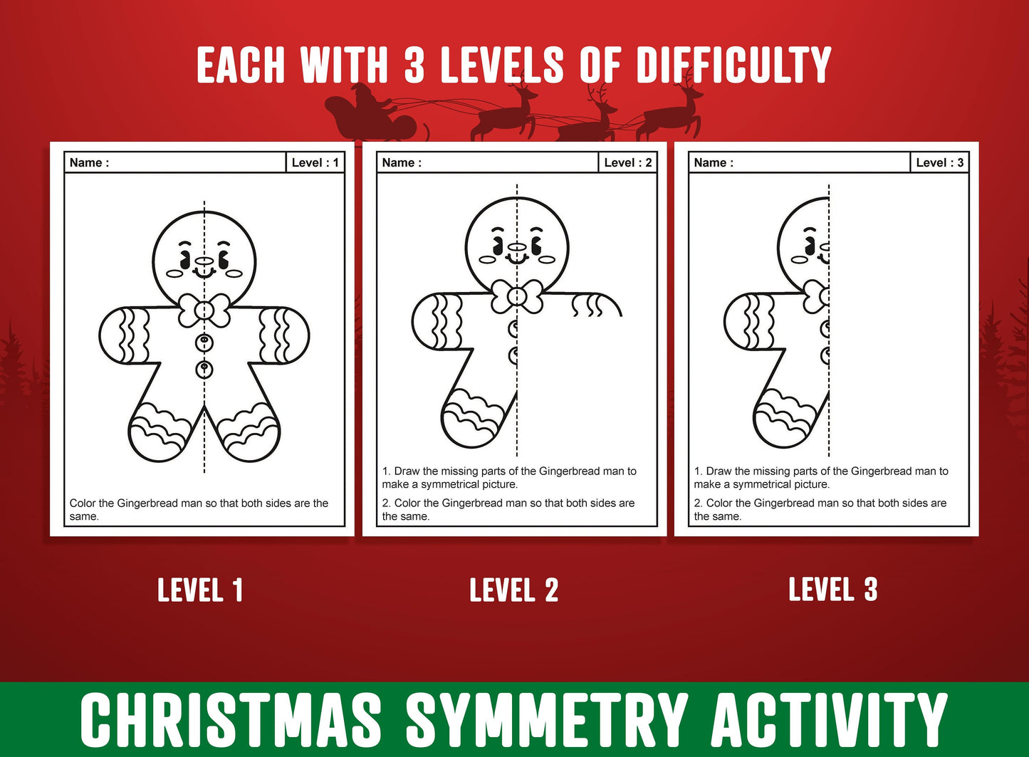 Christmas Symmetry Worksheet, Christmas Theme Lines of Symmetry Activity, 24 Pages, Includes 8 Designs, Each With 3 Levels of Difficulty