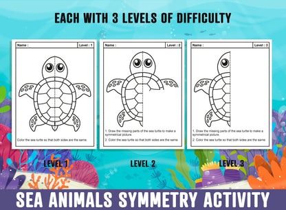 Sea Animals Symmetry Worksheet, Sea Animals Theme Lines of Symmetry Activity, 24 Pages, Includes 8 Designs, Each With 3 Levels of Difficulty