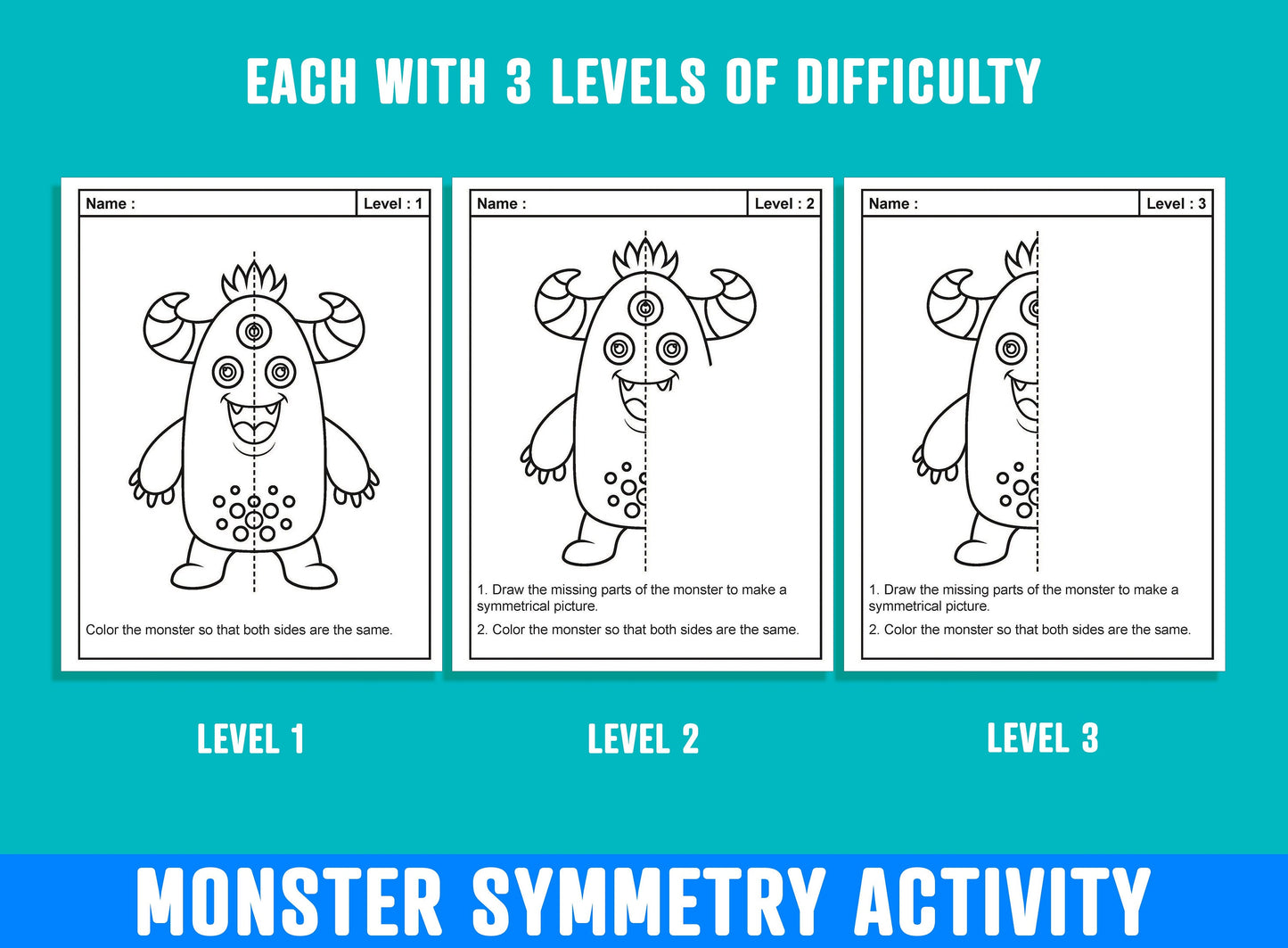 Monster Symmetry Worksheet, Monster Theme Lines of Symmetry Activity, 24 Pages, Includes 8 Designs, Each With 3 Levels of Difficulty