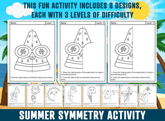 Summer Symmetry Worksheet, Summer Theme Lines of Symmetry Activity, 24 Pages, Includes 8 Designs, Each With 3 Levels of Difficulty