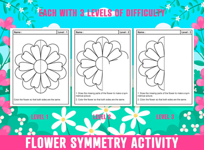 Flower Symmetry Worksheet, Flower Theme Lines of Symmetry Activity, 24 Pages, Includes 8 Designs, Each With 3 Levels of Difficulty