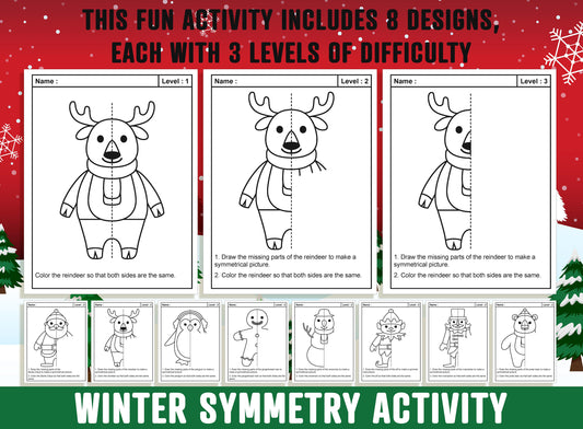 Winter Symmetry Worksheet, Christmas Theme Lines of Symmetry Activity, 24 Pages, Includes 8 Designs, Each With 3 Levels of Difficulty