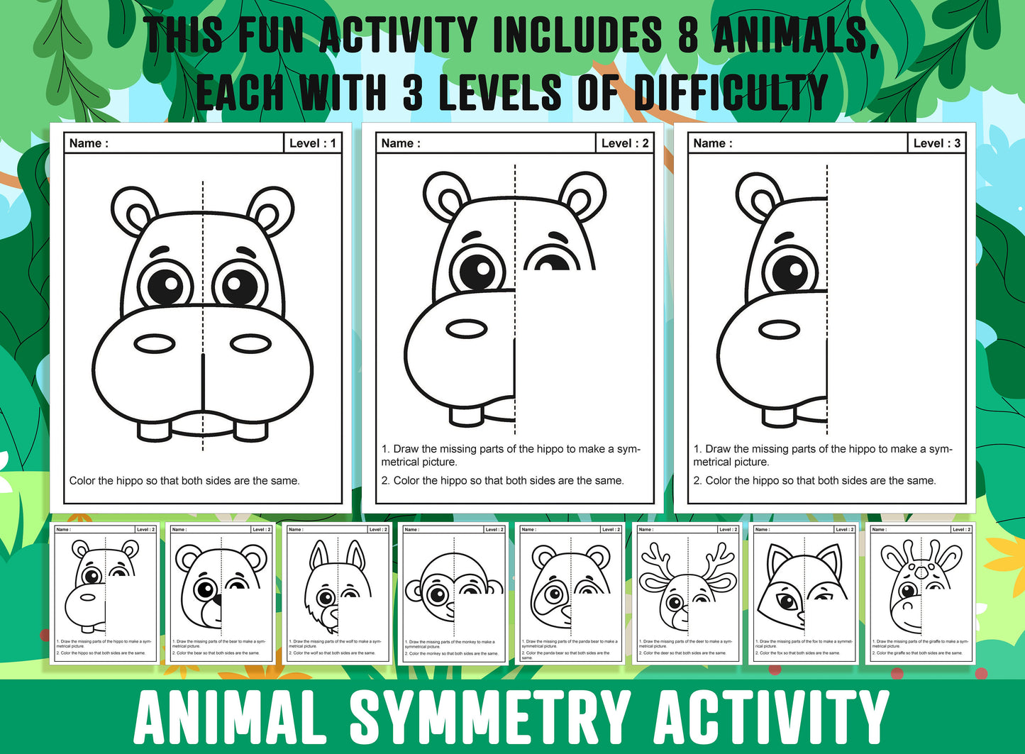 Animal Symmetry Worksheet, Animal Theme Lines of Symmetry Activity, 24 Pages, Includes 8 Animals, Each With 3 Levels of Difficulty