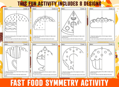 Fast Food Symmetry Worksheet, Fast Food Theme Lines of Symmetry Activity, 24 Pages, Includes 8 Designs, Each With 3 Levels of Difficulty