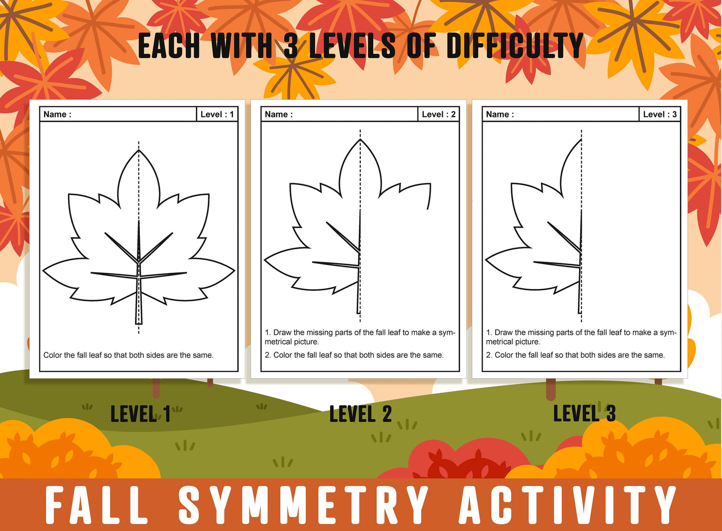Fall Symmetry Worksheet, Autumn, Halloween, Thanksgiving Lines of Symmetry Activity, 24 Pages, 8 Designs, Each With 3 Levels of Difficulty