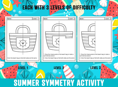 Summer Symmetry Worksheet, Summer Math Lines of Symmetry Art Activity, 24 Pages, 8 Designs, Each With 3 Levels of Difficulty