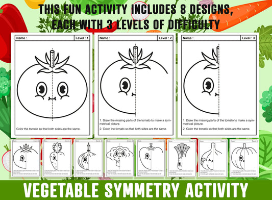 Vegetable Symmetry Worksheet, Vegetable Theme Lines of Symmetry Activity, 24 Pages, Includes 8 Designs, Each With 3 Levels of Difficulty